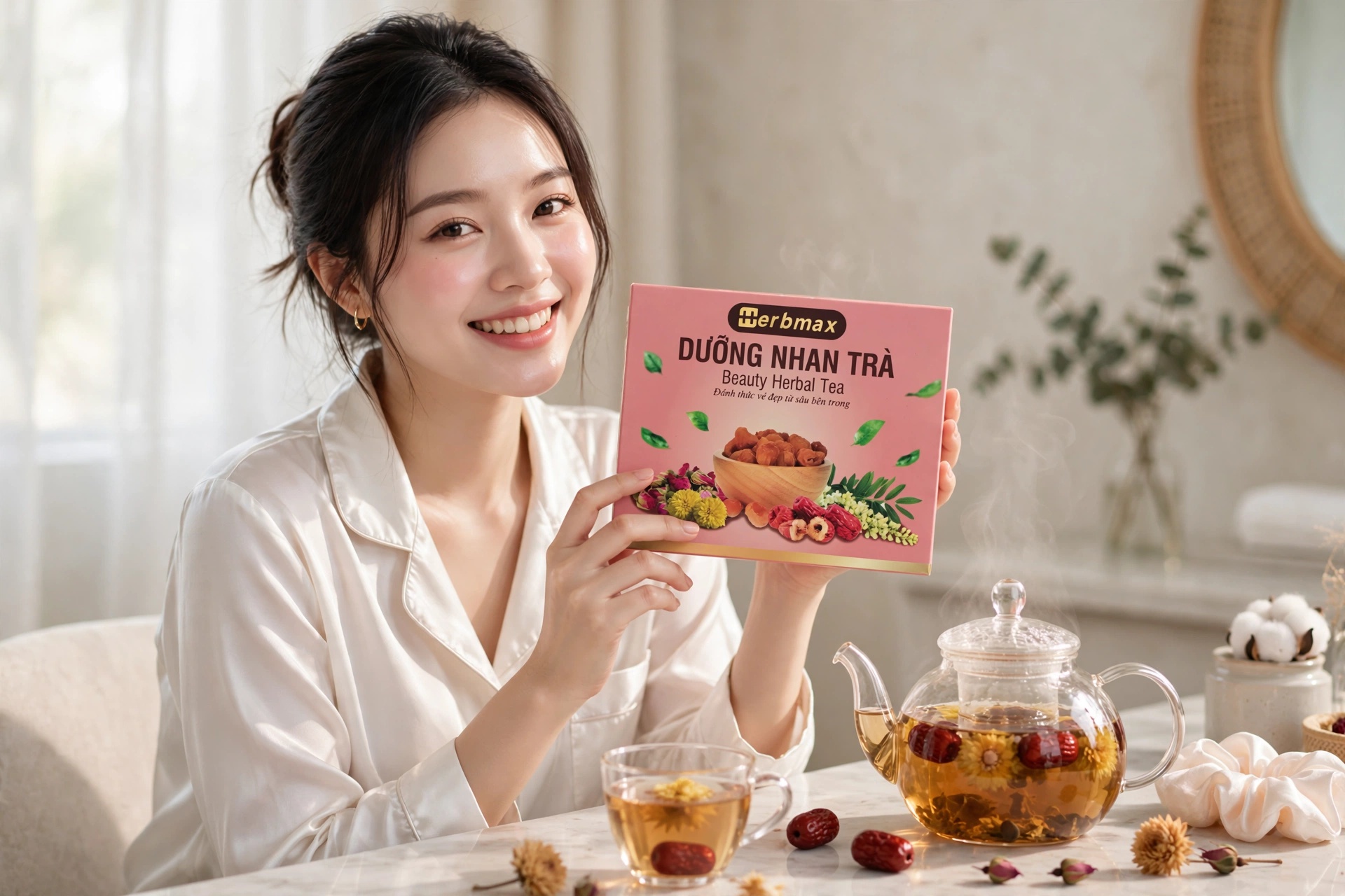 Dưỡng Nhan Trà Herbmax người mẫu uống trà da hồng hào