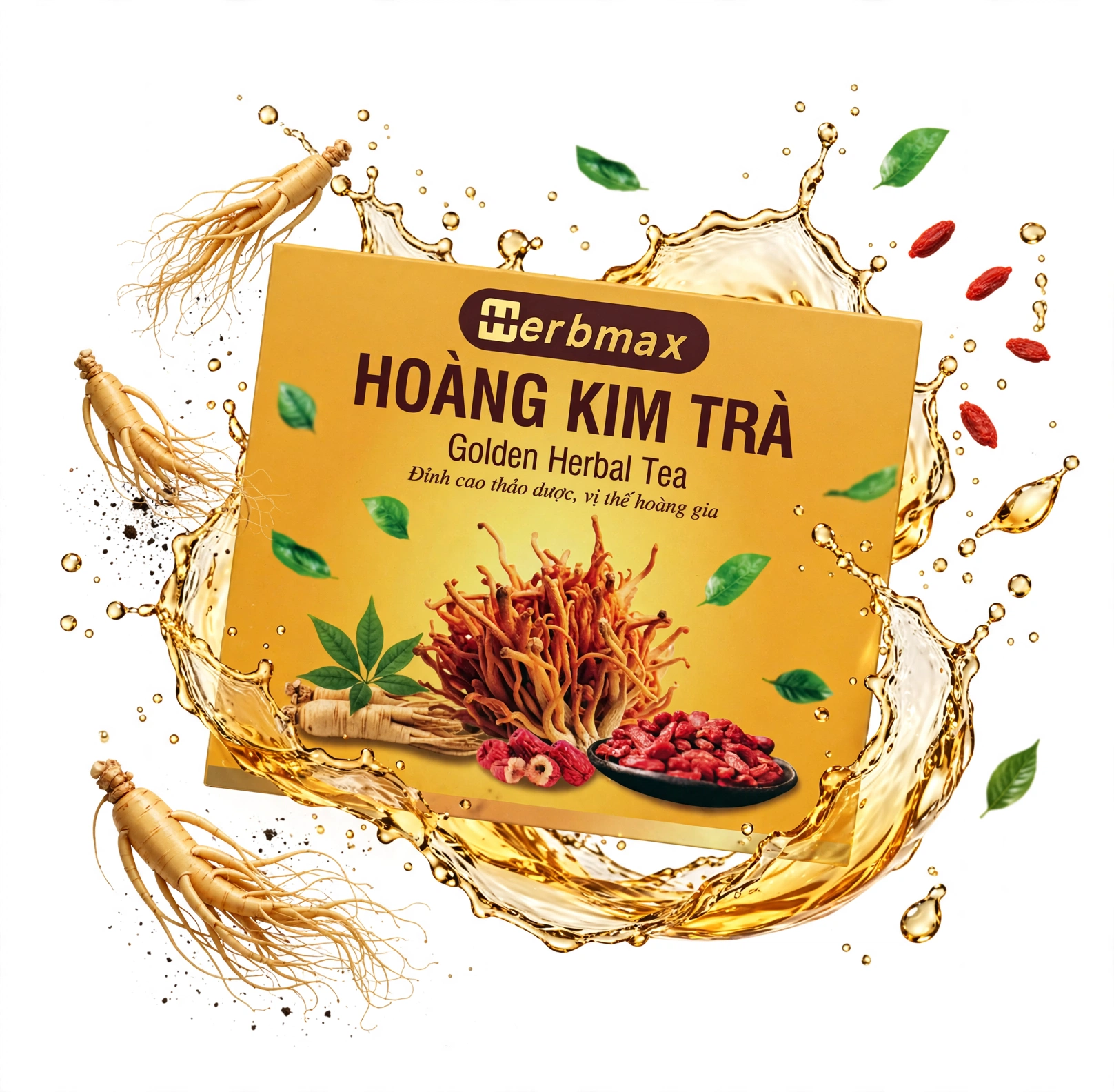 Hộp Hoàng Kim Trà Herbmax chính hãng Thảo Dược Số 1 và các thành phần thảo dược sấy khô cao cấp