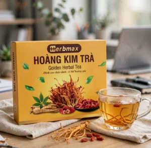 Hộp Hoàng Kim Trà Herbmax chính hãng Thảo Dược Số 1 và các thành phần thảo dược sấy khô cao cấp