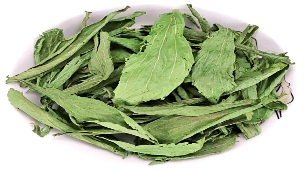 Hình ảnh cận cảnh một bát đầy lá cỏ ngọt khô (Stevia) màu xanh nhạt, được sấy khô tự nhiên, giữ nguyên hình dáng lá và một phần vân lá. Các lá xếp chồng lên nhau tạo thành một đống nhỏ trong bát sứ trắng, sẵn sàng để sử dụng. Sản phẩm cỏ ngọt khô nguyên chất từ Thảo Dược Số 1.
